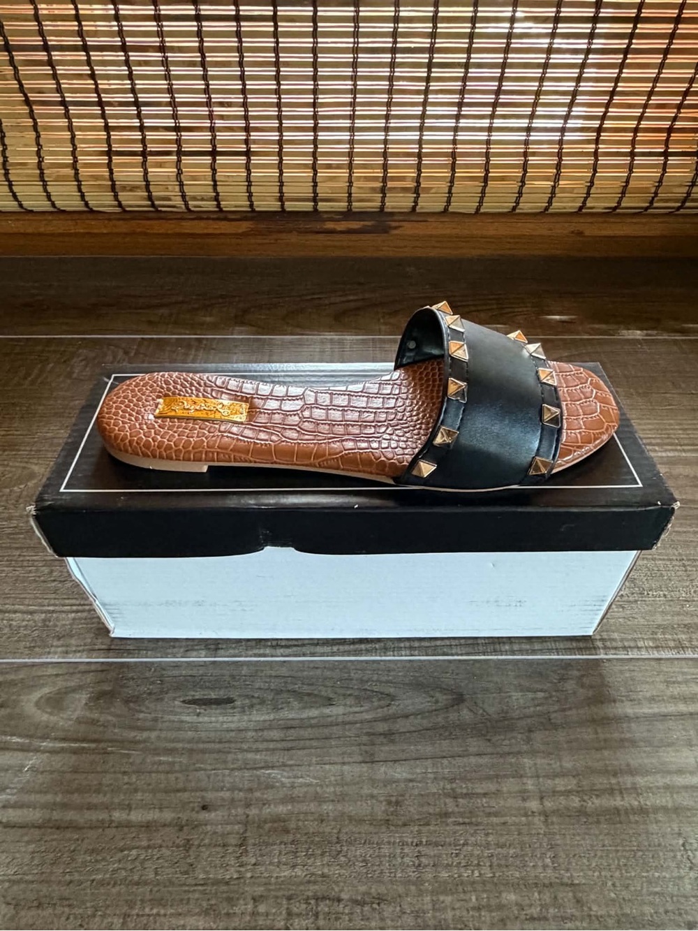 Qupid Studded Black Sandal with Brown Footbed - New - Ships Today - All Sizes